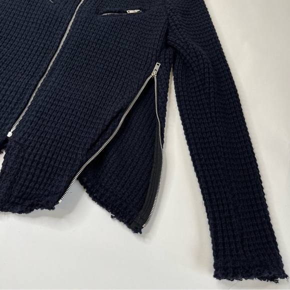 IRO Ceylona Navy Blue Waffle Pattern Knit Black Quilted Leather Edgy Zip Blazer - Picture 8 of 15